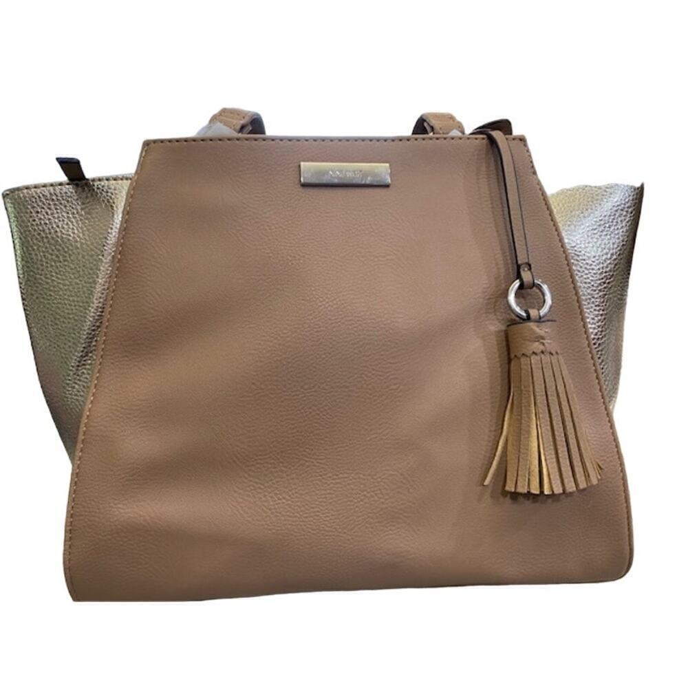 NINE WEST Taupe/Gold Faux-Leather Women's Satchel Bag NEW - Picture 2 of 11